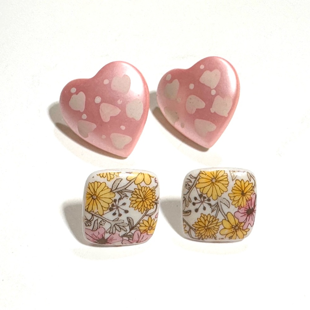 Y2K Pink Hearts & Colorful Flowery Square Earrings Pastel Goth Coquette Girl